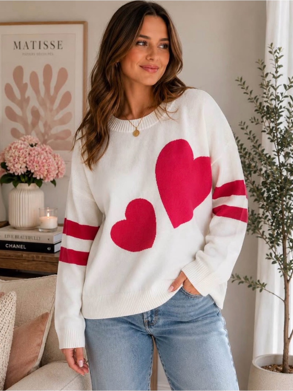 Women’s White Sweater with Pink Heart Motif